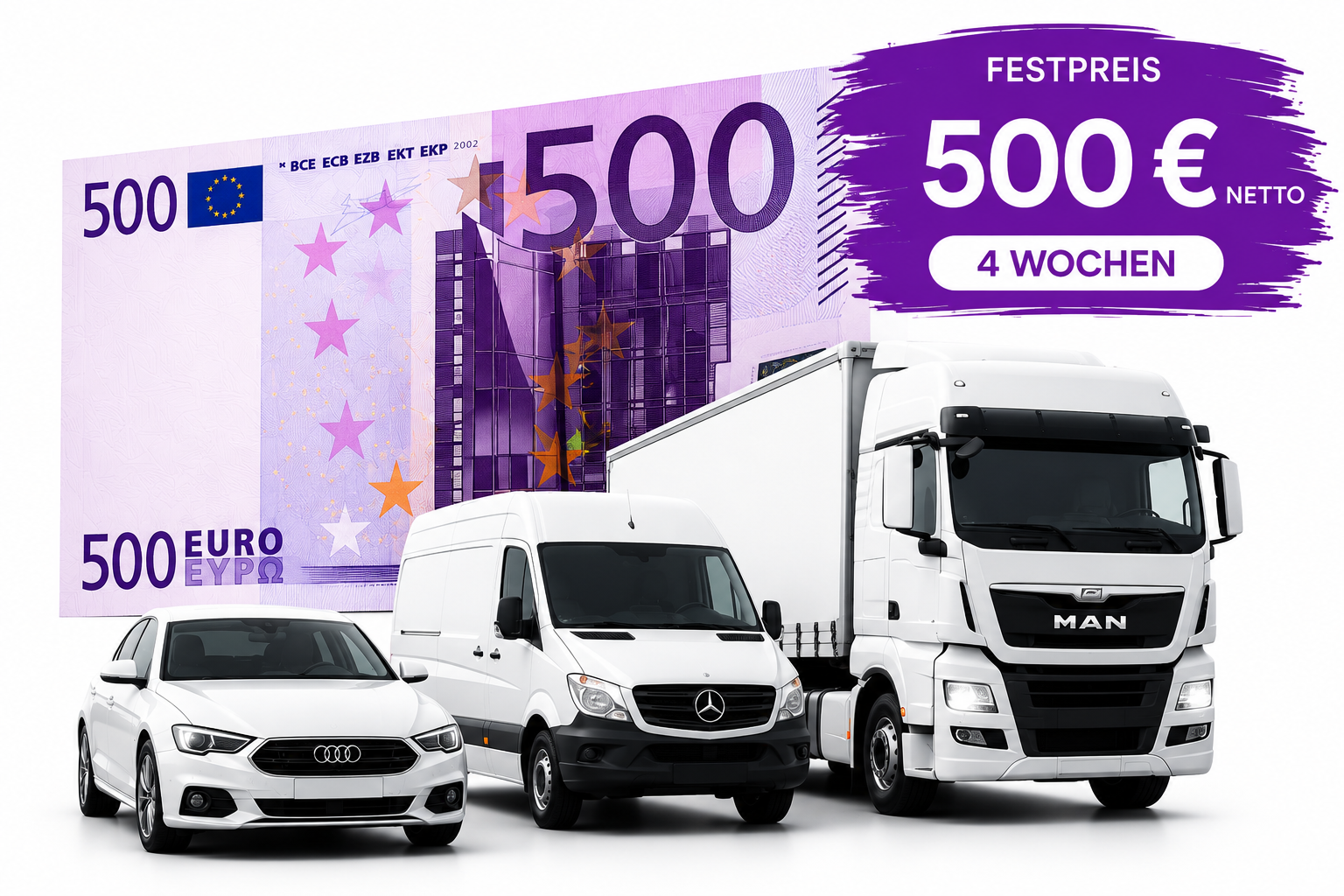 Fuhrpark-Check 500 Euro mit Fahrzeugen und Festpreisgrafik